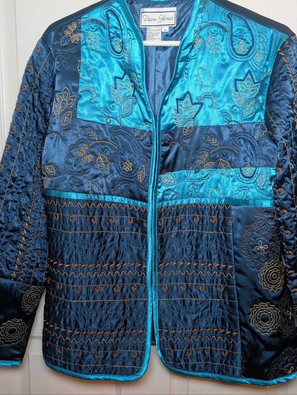 Diane Gilman Floral Blue Embroidered Boho Asian Inspired Lined Jacket Medium